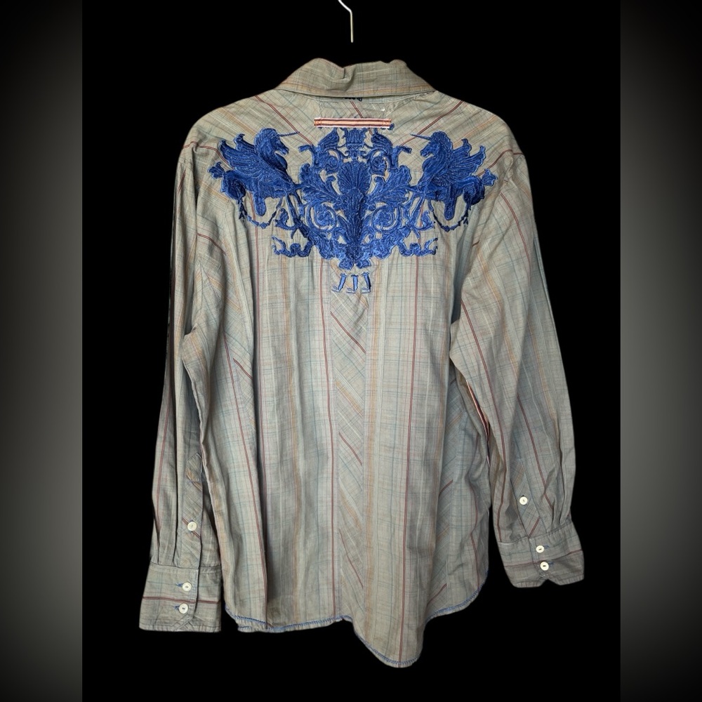 Johnny Was Gray Plaid Shirt with Blue Embroidery - Picture 2 of 4